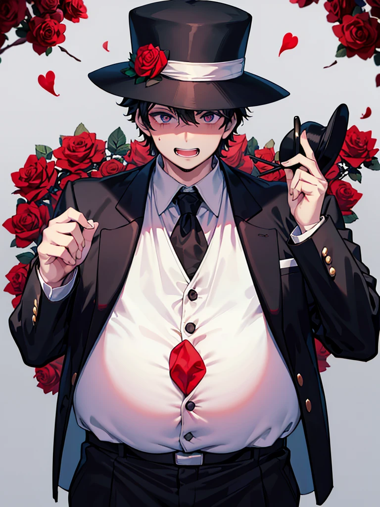 One chubby "Tuxedo Mask" with a big belly in a black suit and black hat, there is a white mask on the face and a red rose in the teeth