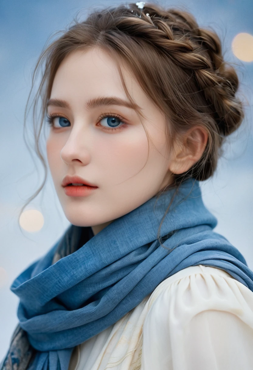 (8K, best quality, masterpiece: 1.2), (best quality: 1.0), (Ultra-high resolution: 1.0), watercolor, A beautiful woman, (Shining pupils,Blue pupils),Shoulder, scarf, Agnes Cecil, bust, Extremely bright design, Soft colors, Autumn Lights, Melancholy Gray, Gritty StyleAlexei Savlasov, Ivan Shishkin, Ilya Repin, (Card decoration: 1.2), 2D, (painting: 1.2) Very detailed