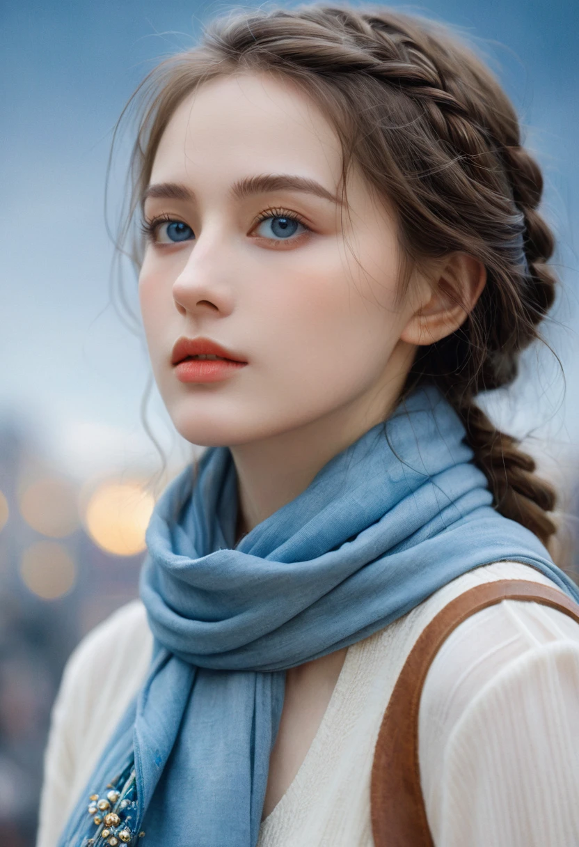 (8K, best quality, masterpiece: 1.2), (best quality: 1.0), (Ultra-high resolution: 1.0), watercolor, A beautiful woman, (Shining pupils,Blue pupils),Shoulder, scarf, Agnes Cecil, bust, Extremely bright design, Soft colors, Autumn Lights, Melancholy Gray, Gritty StyleAlexei Savlasov, Ivan Shishkin, Ilya Repin, (Card decoration: 1.2), 2D, (painting: 1.2) Very detailed