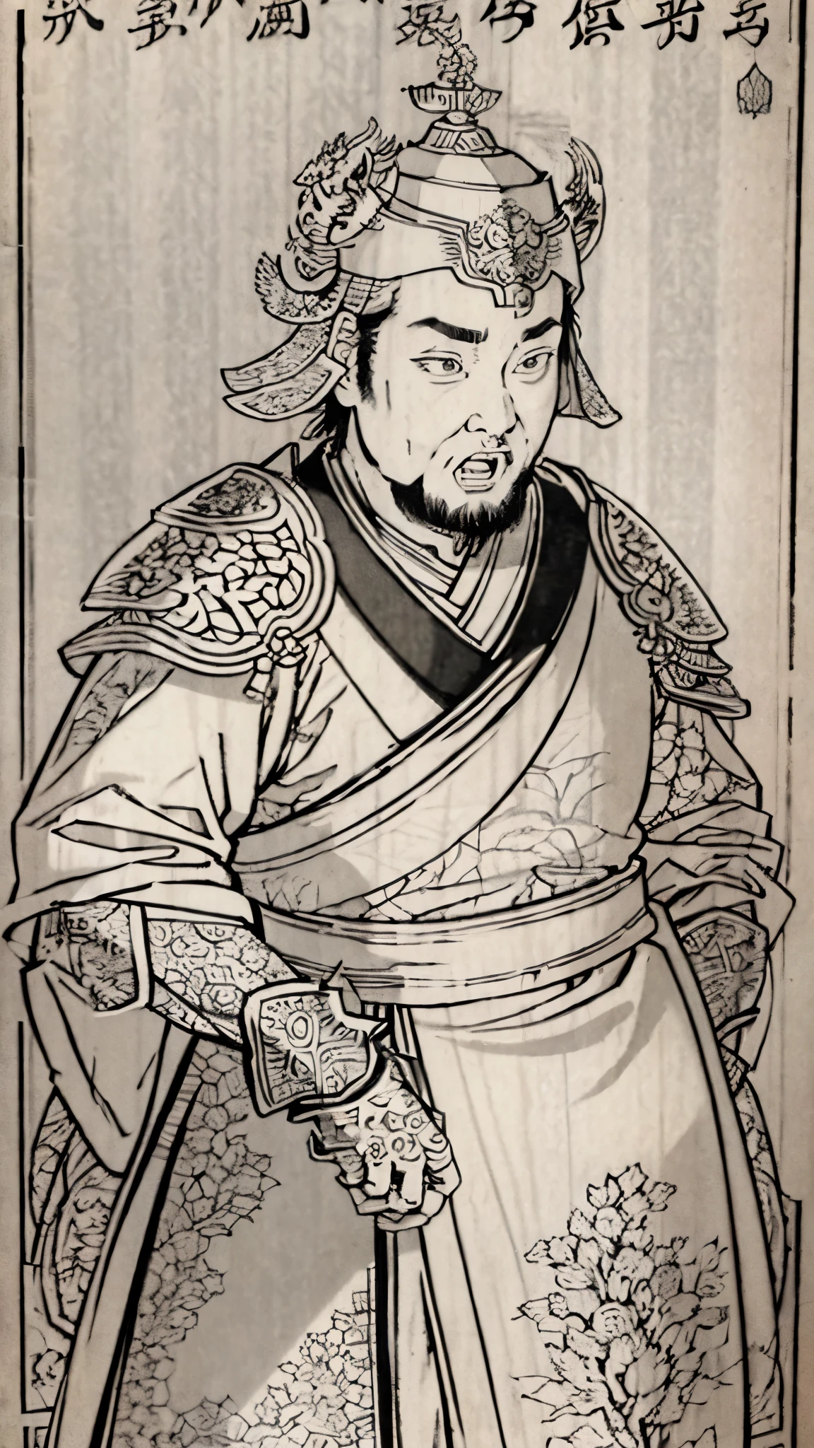 (((Monochrome)))、(((Man with open mouth)))、（（Men in ancient China））、（Ink Painting）、Highest quality、masterpiece、Ultra-high resolution、(Realistic:1.4)、Game Poster、Three bearded men of the kingdom,Oriental、As seen in the Romance of the Three Kingdoms々military commander、Crisp and beautiful image quality ,(((metal armor, metal dragon head on the shoulder, Holding a sword, (Skin of color, ), (metal armor with intricate pattern:1.2)))、 gloves, Long trousers, (Very detailed, bloom:1.5), (Highest quality, Concept Art, 4K), (analog:1.2), (high sharpness), (Detailed pupil:1.1),, Detailed face and eyes, masterpiece, Highest quality, (Very detailed:1.1), 8k, photoRealistic, (PurerosFace_v1:0.2), [:(Detailed face:1.2):0.2], sharp, Realistic, Realistic Shadow, 