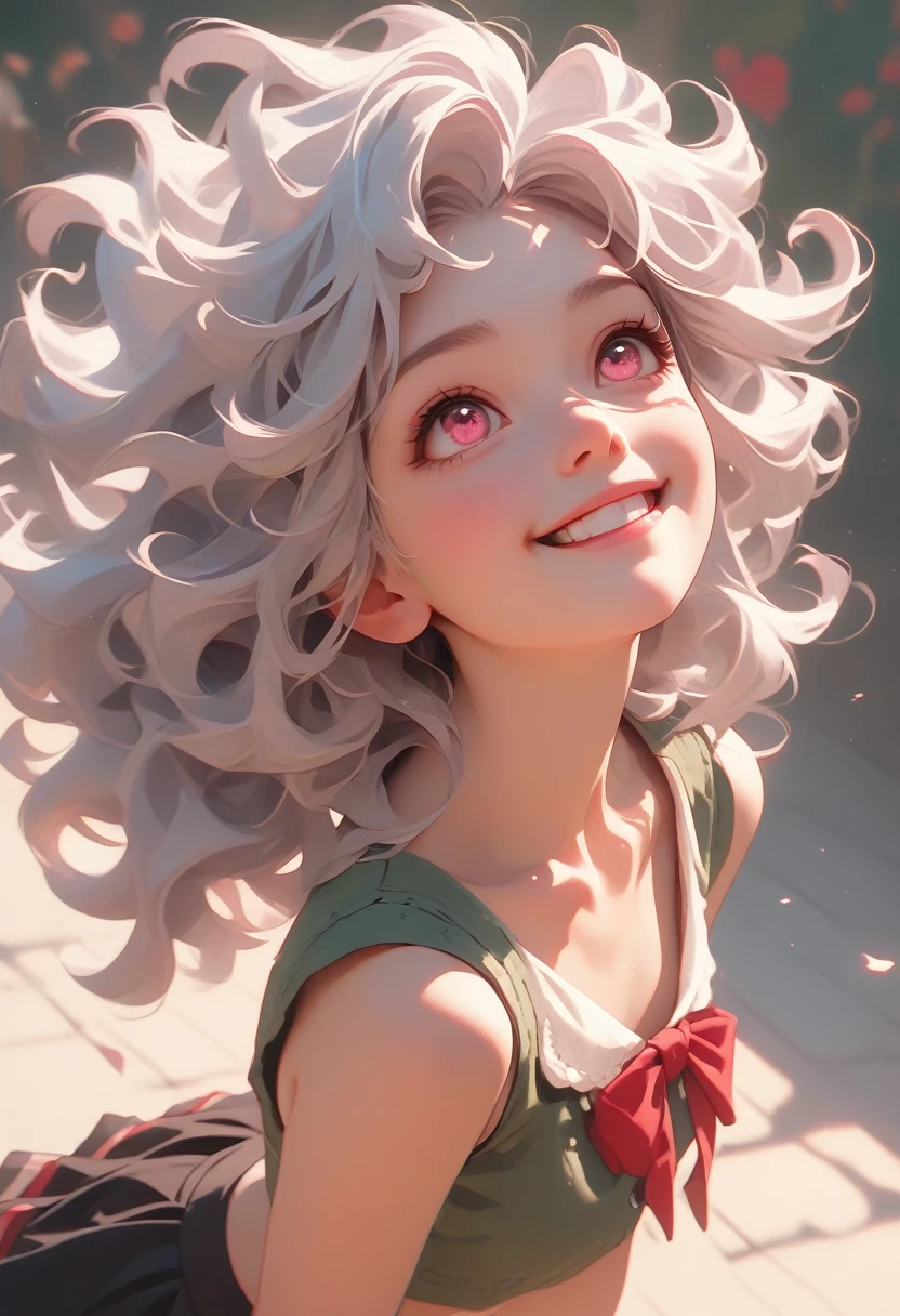 Pink eyes, Dutch Angle, look up, Anatomically correct, Highest quality, High resolution, Silver Hair, Disheveled Hair, chest, Red face, Dutch Angle, Character portrait, Cropped, Magic 、Fluffy mini skirt、Inorganic place、smile, 