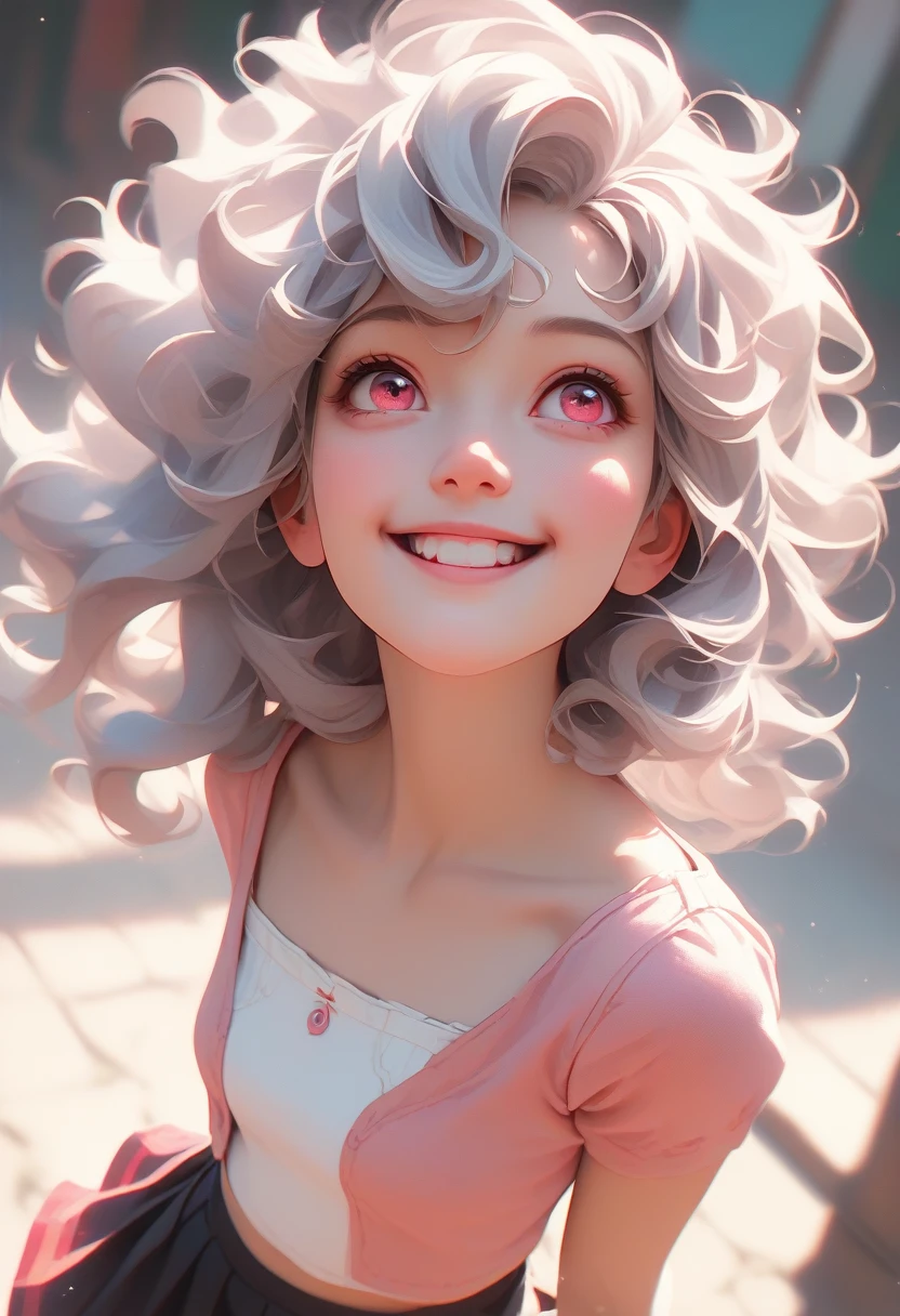 Pink eyes, Dutch Angle, look up, Anatomically correct, Highest quality, High resolution, Silver Hair, Disheveled Hair, chest, Red face, Dutch Angle, Character portrait, Cropped, Magic 、Fluffy mini skirt、Inorganic place、smile,