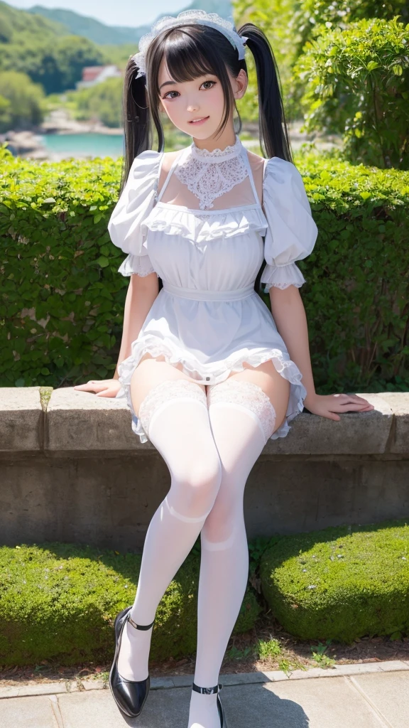 ((masterpiece)), ((highest quality、Ultra high definition)), (Very detailed),8K、Photo quality、((Amazingly cute girl)),)), Two people, , (Beautiful emerald blue eyes), ((smile)),In the open-air bath overlooking the sea, Beautifully arranged black hair in twin tails、whole body、Cute lolita maid stylimsuit))、Professional Lighting、(White lace knee-highore detailed and beautiful)、(More details and cutenesore realistic)、(((Just wear light clothing)))、プールではしゃぐ、