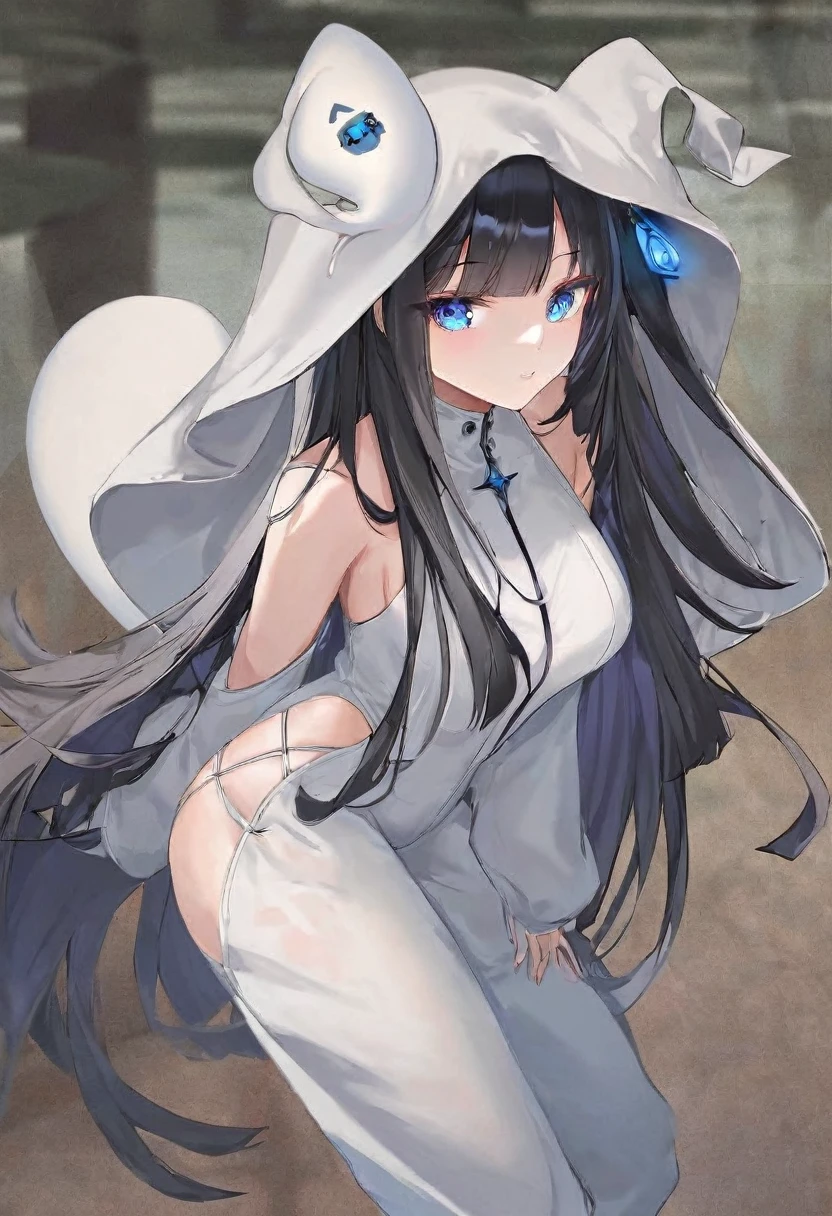 Black long hair,blue eyes,woman,Wearing a white jumpsuit that covers the head,Sometimes a little bit of blue embellishment,good body shape,It's a ghost