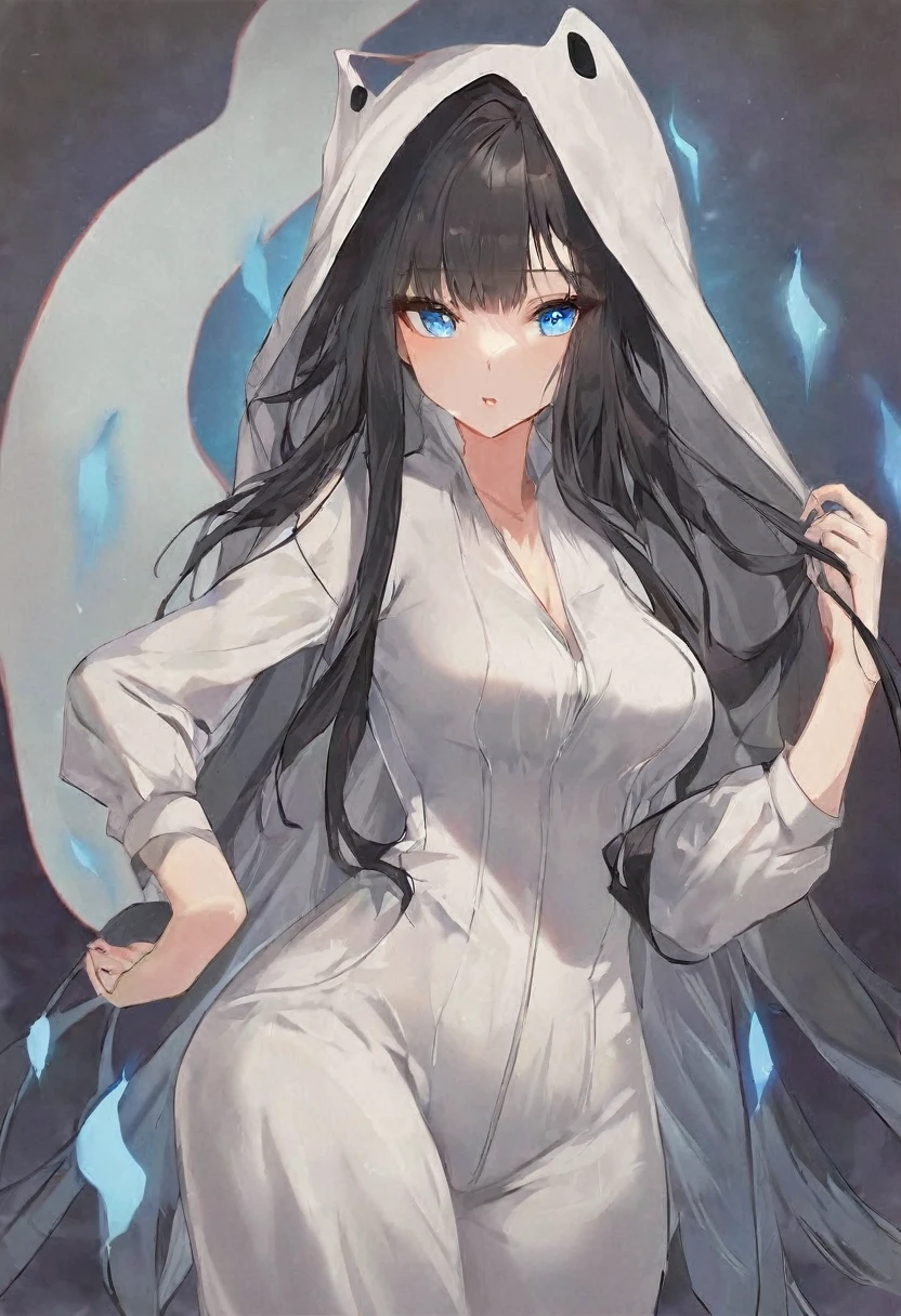 Black long hair,blue eyes,woman,Wearing a white jumpsuit that covers the head,Sometimes a little bit of blue embellishment,good body shape,It's a ghost