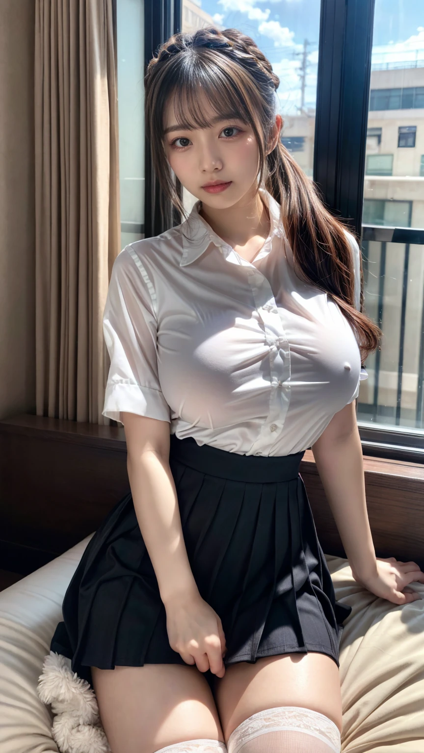 (8K, RAW Photos, Highest quality, masterpiece:1.2), (professional photography, full colors, studio-caliber color grading), (Gravure quality for high-end fashion magazines), BREAK,18 year old girl, (fluffy ponytail:1.2), Big Natural Color Lip, Plumpy body, (smooth skin:1.1), huge breasts, BREAK, (collared shirt:1.1), pleated skirt, knee high socks, BREAK, hotel room, cute , ta