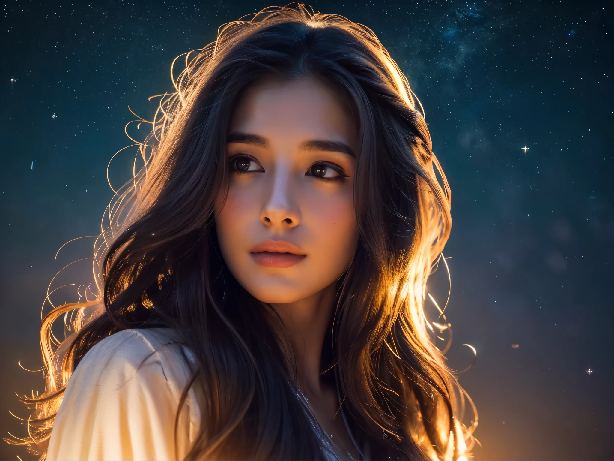 a beautiful detailed girl in a starry night sky, long flowing hair, dreamlike expression, (best quality,4k,8k,highres,masterpiece:1.2),ultra-detailed,(realistic,photorealistic,photo-realistic:1.37),intricate details,ethereal,glowing stars,galaxy background,cinematic lighting,vibrant colors,dramatic