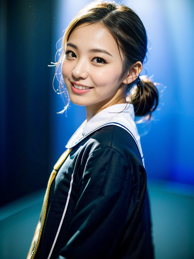 (1 youthful eurasian lady, early 20s, at an Aquarium, (((full bodyesbian))), ((Girls' High School Uniforms)), short_bob_hair_ponytail, Dimples, Friendly & Kind smile, snaggle-tooth, realistic skin textures, healthy body proportion, hyper-realism, photorealistic, beautiful detailed eyes, high contrast, ultra HD, top image quality, fine details, very meticulously, masterpiece, the_cowboy_shot, bokeh background, Serene Ambiance, blue light)
