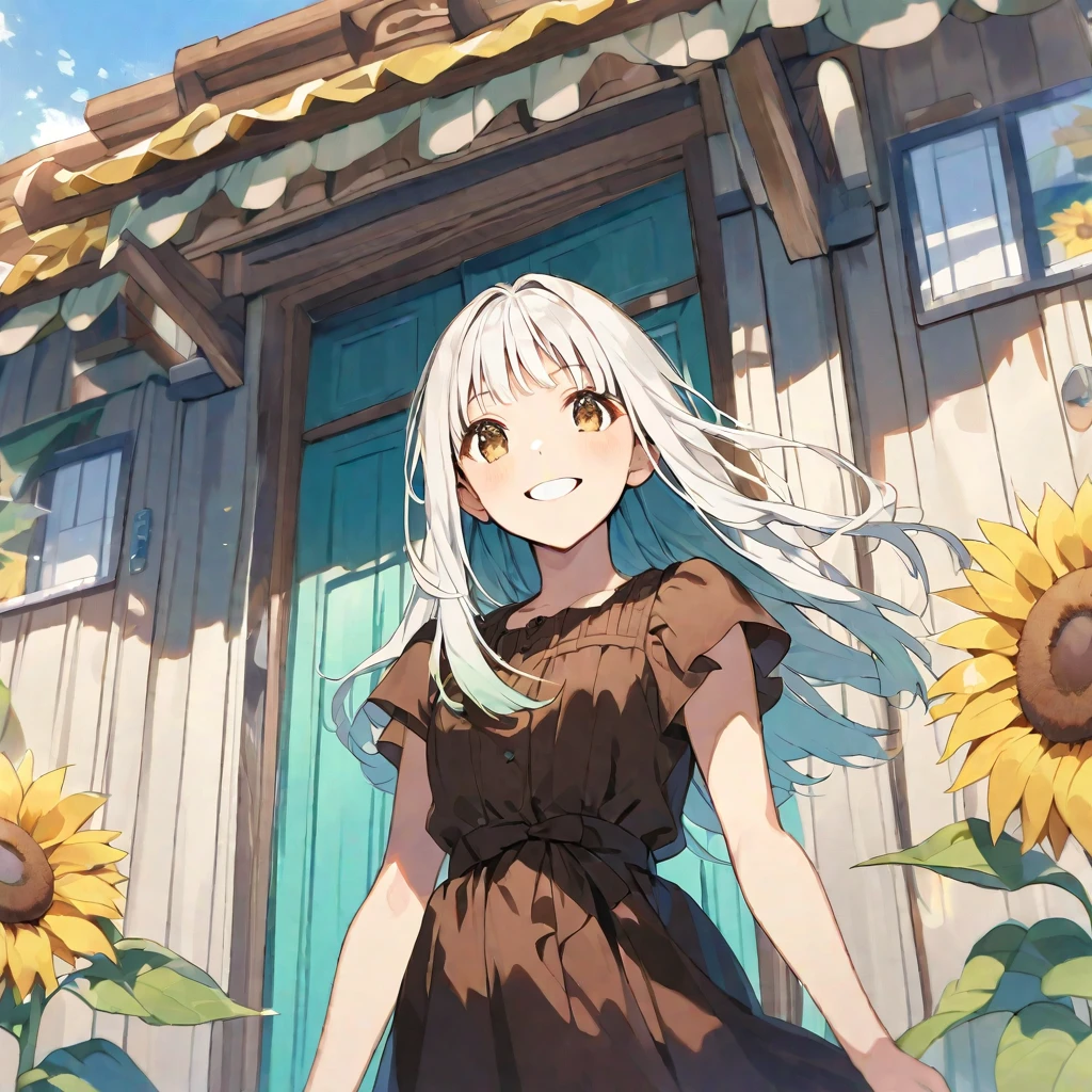 solo,handsome, Water color ,
1. Female,
,Straight Hair,long Hair,White hair,
Kazuka Nakano ,
brown eyes,Soft look, big-mouth smile,
beautiful,Lolita,
smile,skin, Blue sky, entrance cloud,
casual dress,
simple background ,Face up,
sunflower background,icon,