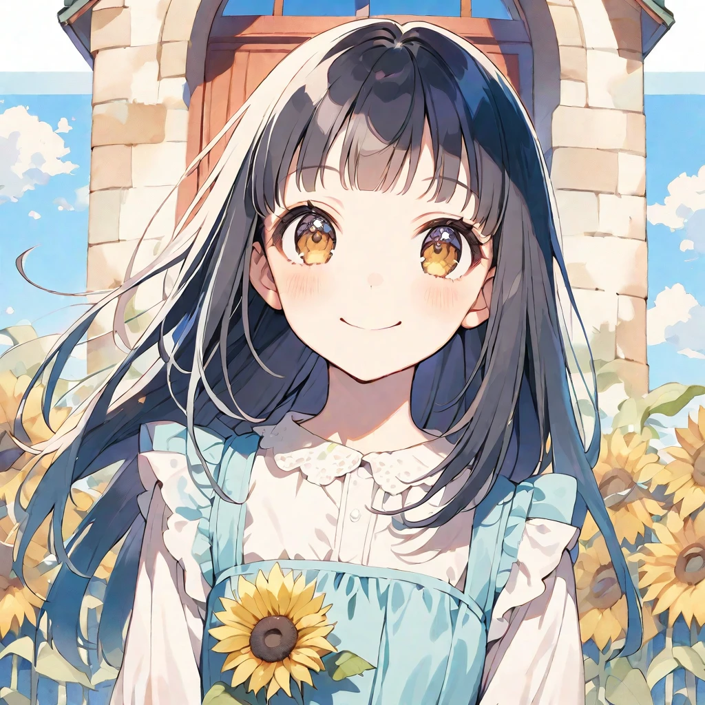 solo,handsome, Water color ,
1. Female,
,Straight Hair,long Hair,White hair,
Kazuka Nakano ,
brown eyes,Soft look, big-mouth smile,
beautiful,ta,
smile,skin, Blue sky, entrance cloud,
casual dress,
simple background ,Face up,
sunflower background,icon,