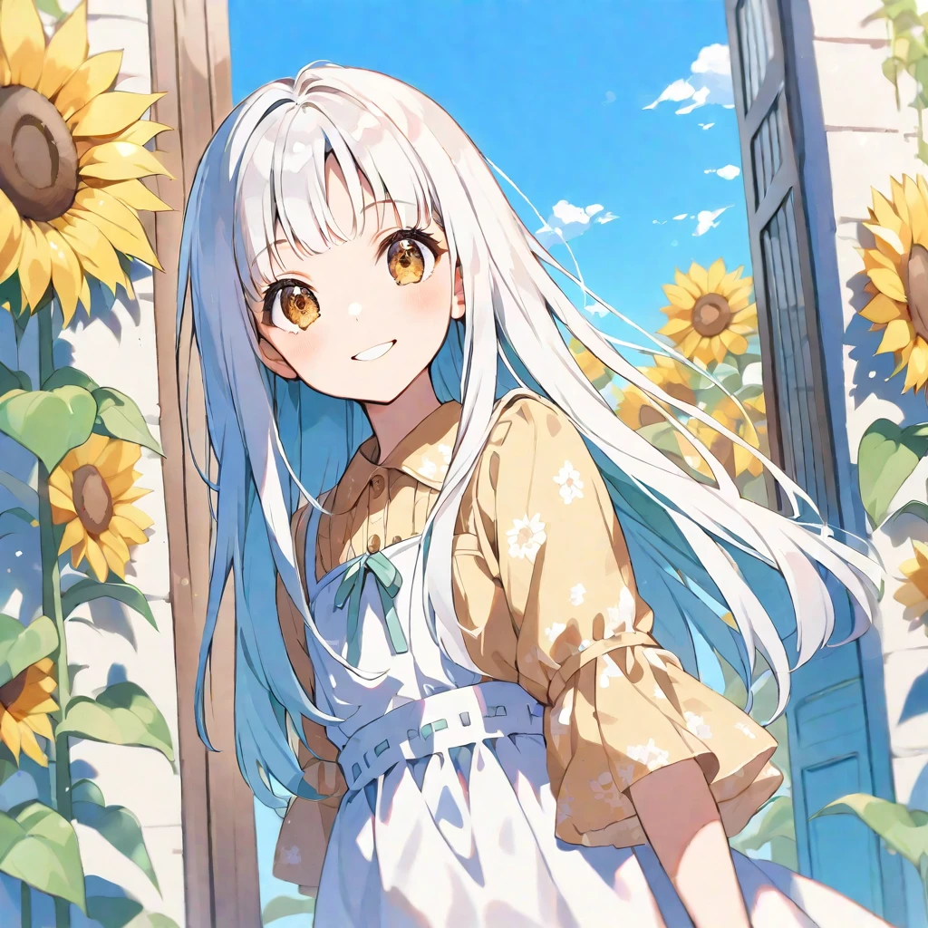 solo,handsome, Water color ,
1. Female,
,Straight Hair,long Hair,White hair, 
Kazuka Nakano ,
brown eyes,Soft look, big-mouth smile,
beautiful,Lolita,
smile,skin, Blue sky, entrance cloud,
 casual dress, 
simple background ,Face up,
sunflower background,icon,