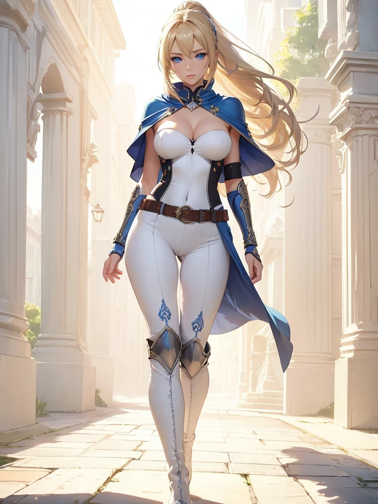 ((1girl, solo)), ((mature female)), full body, standing, cowboy shot, beautiful body, (perfect anatomy, perfect body, perfect hands, perfect legs), nice hands, natural proportions, sexy body, (large breasts:1.3) BREAK
((extremely detailed face)), blue eyes, (beautiful detailed eyes:1.6), (realistic pupils, realistic iris:1), expressive eyes, ((looking at viewer)), (clear eyes:1.3), (hyperrealistic:1.2), (detailed skin texture:1.2), smooth skin, (blonde hair:1.5), bangs, very long hair, ((high ponytail)), (detailed lips:1.2), (attractive lips:1.1), (glossy lips:1.1), smile, perfect face, perfect eyes BREAK
female knight, ((strapless shirt)), (((white shirt))), collarbone, cleavage, ((blue capelet)), (elbow gloves), (((white pants))), (skin tight:1.5), (belt), ((blue tailcoat)), knee-high boots, high heels, thigh gap BREAK
(Outdoors:1.5), day, ((city)), (((trees))), sky, fantasy setting BREAK
(masterpiece:1.5), anime-style, top quality, best quality, (beautiful and aesthetic:1.2), (ultra detail:1.5), Ultra-detailed depiction, Ultra-precise depiction, extremely detailed 8k illustration, high resolution, (highly detailed shading:1.2), (realistic lighting:1.4), perfect lighting, vibrant colors, dynamic tones, striking hues, 8k, absurd resolution, perfect shadows, hdr, UHD, ambient lighting, realistic, ultra-realistic, photo realistic, highly detailed, rich detail, luminous colors, fine texture, intricate design, professional illustration, (soft light:1.2), (illustration:0.7)