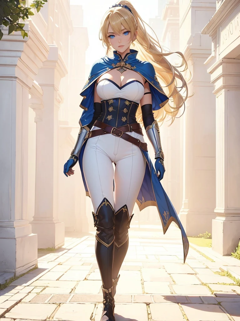 ((1girl, solo)), ((mature female)), full body, standing, cowboy shot, beautiful body, (perfect anatomy, perfect body, perfect hands, perfect legs), nice hands, natural proportions, sexy body, (large breasts:1.3) BREAK 

((extremely detailed face)), blue eyes, (beautiful detailed eyes:1.6), (realistic pupils, realistic iris:1), expressive eyes, ((looking at viewer)), (clear eyes:1.3), (hyperrealistic:1.2), (detailed skin texture:1.2), smooth skin, (blonde hair:1.5), bangs, very long hair, ((high ponytail)), (detailed lips:1.2), (attractive lips:1.1), (glossy lips:1.1), smile, perfect face, perfect eyes BREAK

female knight, ((strapless shirt)), (((white shirt))), collarbone, cleavage, ((blue capelet)), (elbow gloves), (((white pants))), (skin tight:1.5), (belt), ((blue tailcoat)), knee-high boots, high heels, thigh gap BREAK

(Outdoors:1.5), day, ((city)), (((trees))), sky, fantasy setting BREAK

(masterpiece:1.5), anime-style, top quality, best quality, (beautiful and aesthetic:1.2), (ultra detail:1.5), Ultra-detailed depiction, Ultra-precise depiction, extremely detailed 8k illustration, high resolution, (highly detailed shading:1.2), (realistic lighting:1.4), perfect lighting, vibrant colors, dynamic tones, striking hues, 8k, absurd resolution, perfect shadows, hdr, UHD, ambient lighting, realistic, ultra-realistic, photo realistic, highly detailed, rich detail, luminous colors, fine texture, intricate design, professional illustration, (soft light:1.2), (illustration:0.7)