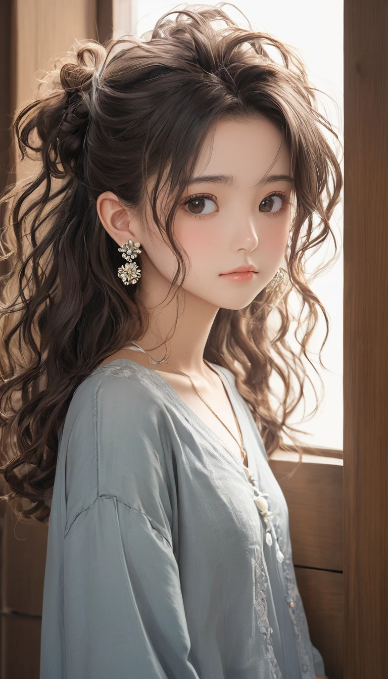 (masterpiece, Highest quality:1.2), One girl, alone,bony body、、Frizzy hair、Earrings