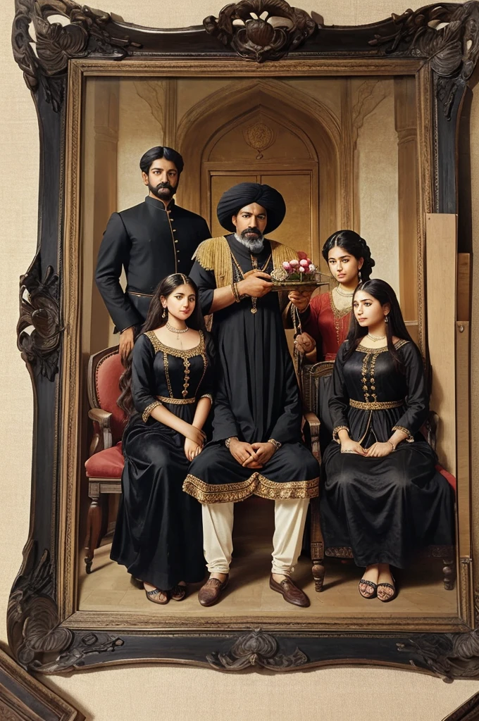 ((best quality)), ((masterpiece)), (detailed), perfect face
A big sized antique photo frame of shahjahan and his court persons where shahjahan sitting on diwan holding a rose in one hand and another hand head rest pillow and 4 court persons standing behind him in black dress, background to them will be some scenery