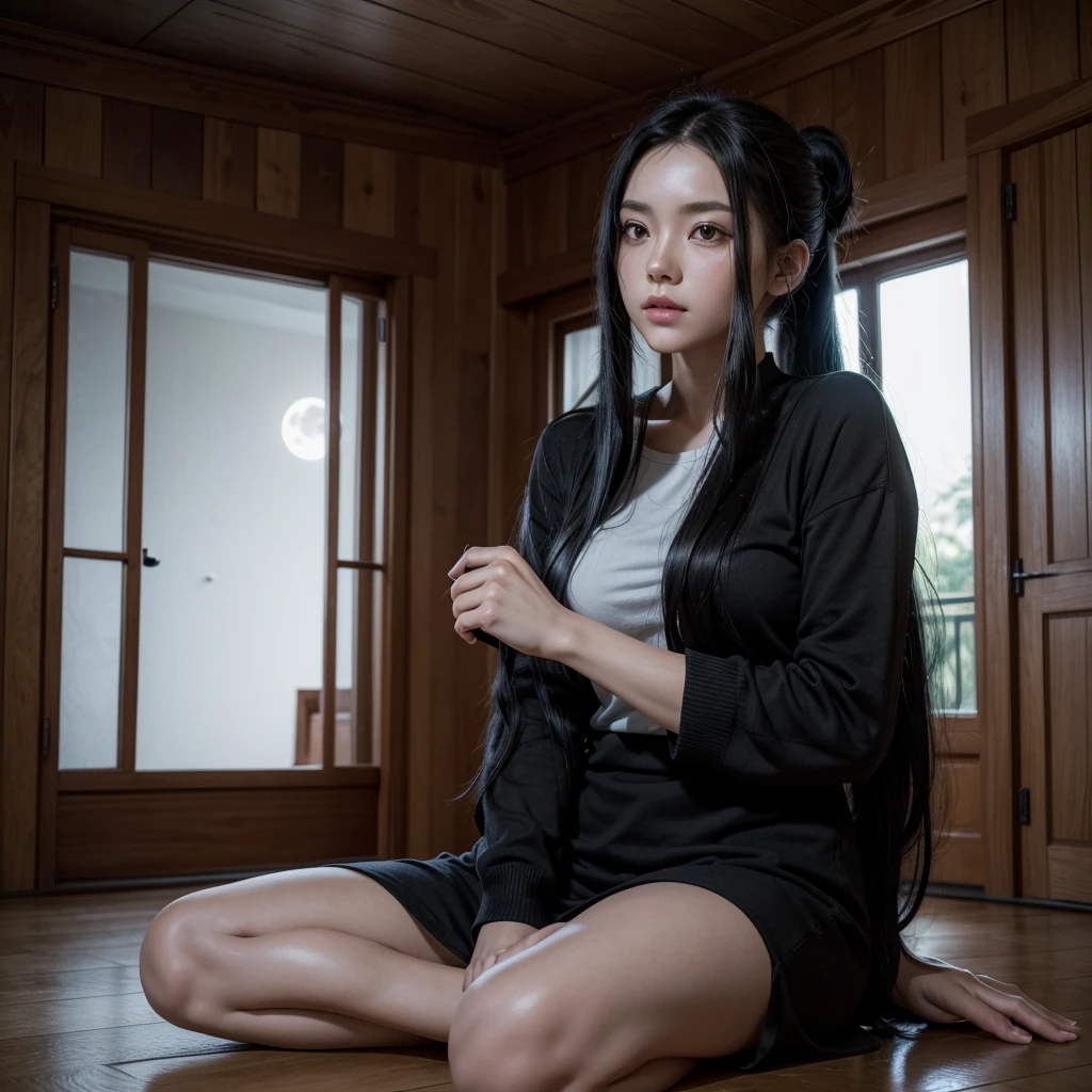 Woman, long black hair, ponytail, inside a destoyed house, full moon, sitting on the floor