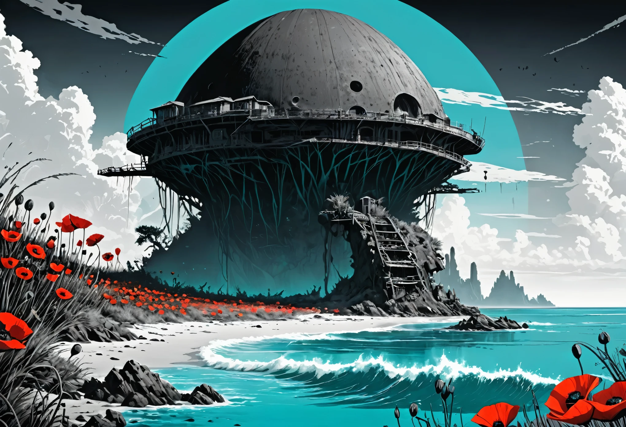 masterpiece by famous artist, extremely detailed special edition illustration, dark fantasy, eldritch, mysterious island, (a mysterious atoll surrounded by crystal turquoise waters:1.4), uninhabited for years after nuclear testing rendered it radioactive, it's primitive structures are just monochrome shells, (monochrome vegetation interspersed with singular red poppies:1.3)