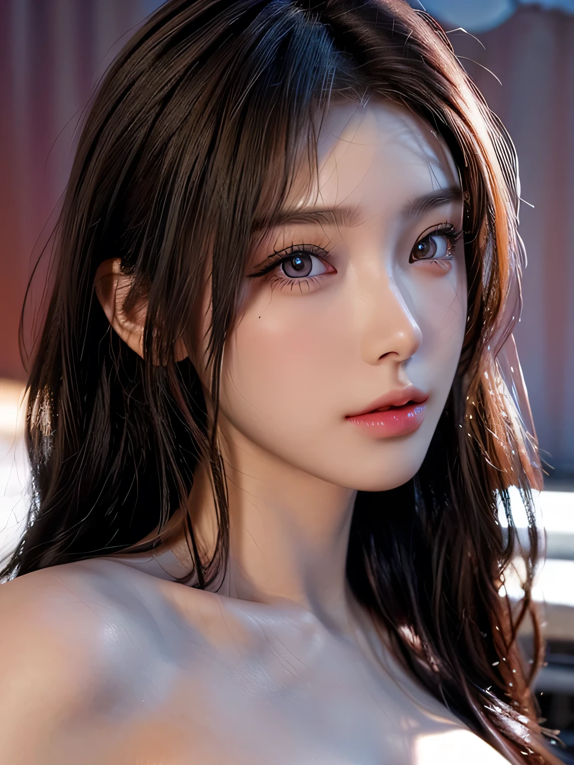 ((anatomically correct, Kissing gesture, pouting lips, Poke out lips)), (Beautiful, detailed eyes:1.2, Beautiful skin, Beautiful hair, Beautiful eyes, seductive eyes), ((Woman)), (Detailed eyes and face:1.3), ((Asymmetrical hair)), (Highly detailed CG, Super detailed, Best Shadow:1.1), ((Depth of written boundary:1.1)), ((watercolor)), beautiful concept figure, (figure:1.1), (Perfect detail:1.1), looking at viewer, Good posture and dignity, From the neck up, natural soft lighting, evening sunset, Highlights in the eyes, Very perfect and beautiful face, close up shot, glossy lips, Bare shoulders, (vibrant colors, vivid colors background:1.2), (masterpiece:1.2, Highest quality),