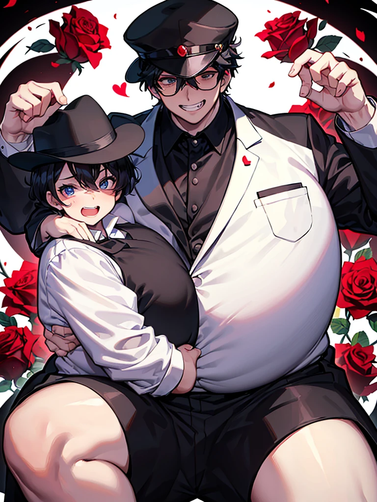 One chubby &quot;Tuxedo Mask&quot; with a big belly in a black suit and black hat, in a white carnival mask and a red rose in his teeth