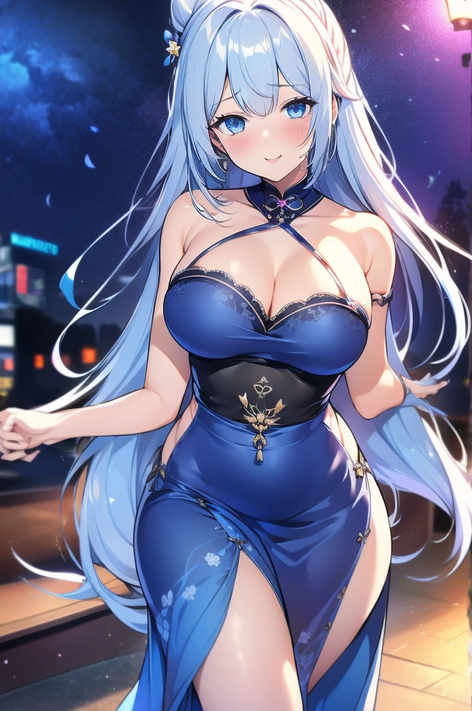 Silver long hair、Deep blue eyes、woman、美しいwoman、Large Breasts、Blue and black cheongsam、A Chinese dress with a black translucent cloth in the cleavage、Outdoor、During sexual intercourse、orgasm、A cheongsam with hidden curves(100-60-78cm)、he is short、High school girls cosplaying、Embarrassed face