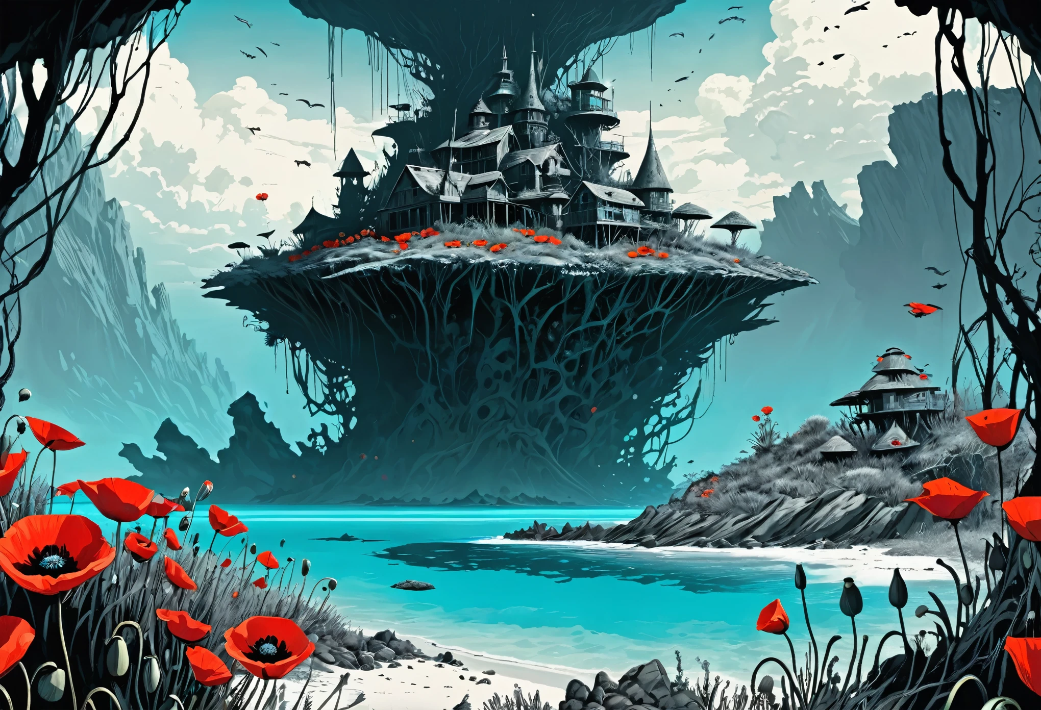 masterpiece by famous artist, extremely detailed special edition illustration, dark fantasy, eldritch, mysterious island, (a mysterious atoll surrounded by crystal turquoise waters:1.4), uninhabited for years after nuclear testing rendered it radioactive, it's primitive structures are just monochrome shells, (monochrome vegetation interspersed with singular red poppies:1.3)