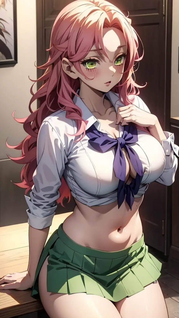 In anime, a sexy girl with a big breast, sensual, beautiful, popularity, beautiful, , long curly yellow hair, her green eye, a pretty pink lip, wears a white button-down shirt, a tied knot, shows her navel, shows her chest, a purple bra and a short green skirt, a black heel.