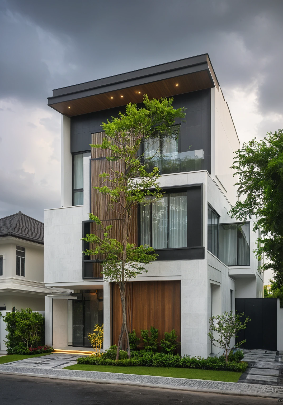 modern villa on street, (overcast lighting:1.2), tropical tree, vivid color, streetcapes, nice sky, grey and wwhite tone, (large glass door:1.2), warm interior lighting, modern material, best quality, ultra realistic, masterpiece, 17ArchiAI_XL_VL-v1