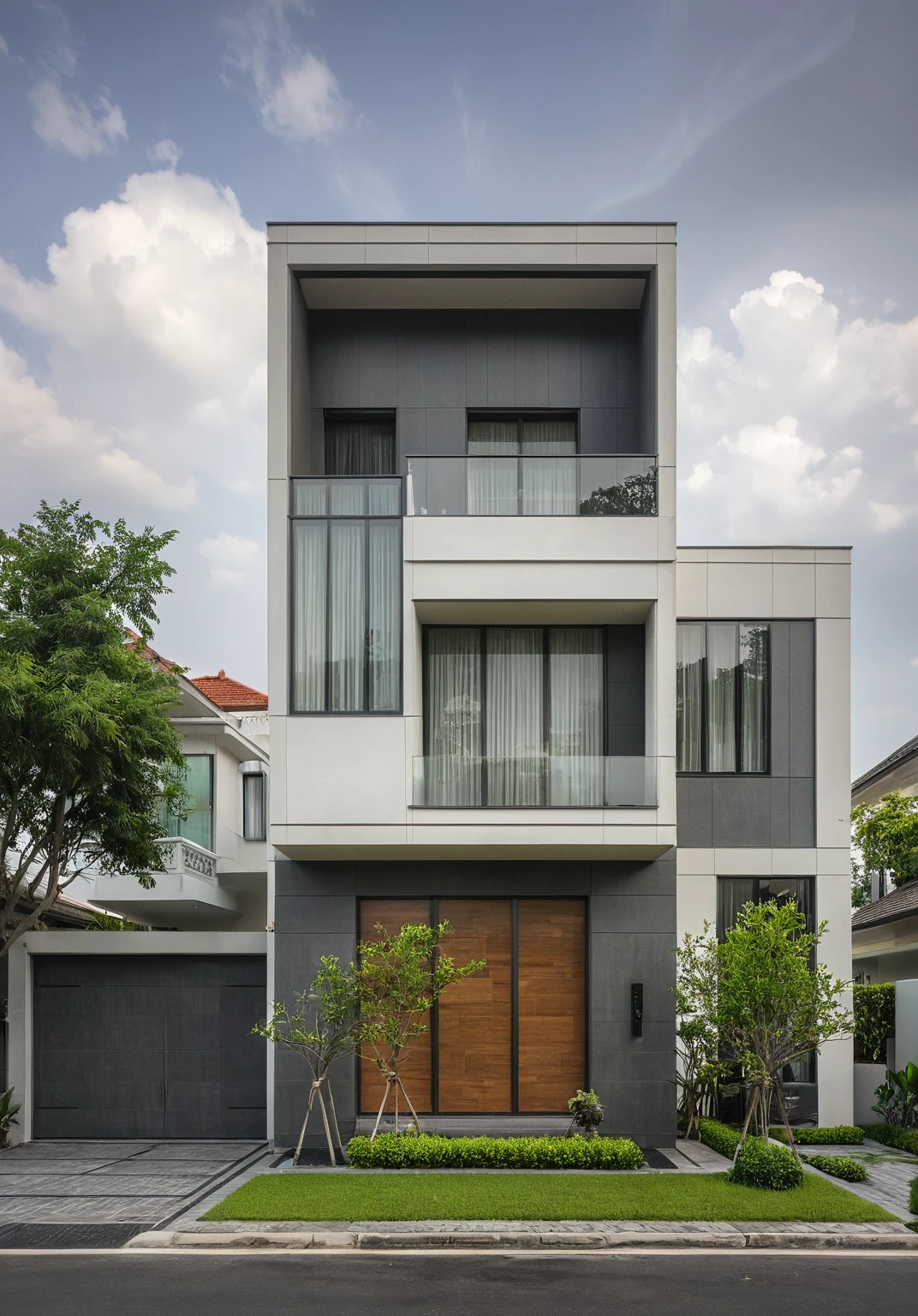 modern villa on street, (overcast lighting:1.2), tropical tree, vivid color, streetcapes, nice sky, grey and wwhite tone, (large glass door:1.2), warm interior lighting, modern material, best quality, ultra realistic, masterpiece, 17ArchiAI_XL_VL-v1
