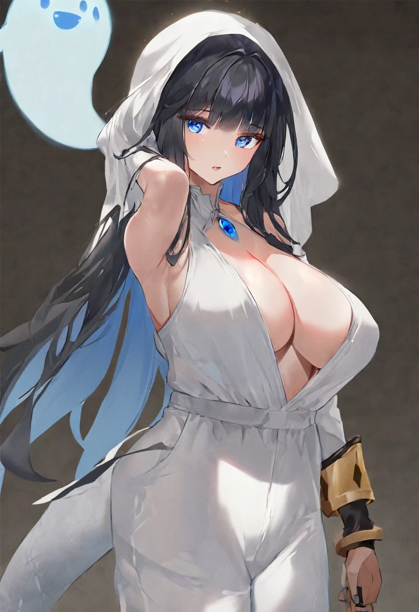 Black long hair，blue eyes，woman，Wearing a white jumpsuit that covers the head，Sometimes a little bit of blue embellishment，good body shape，It's a ghost