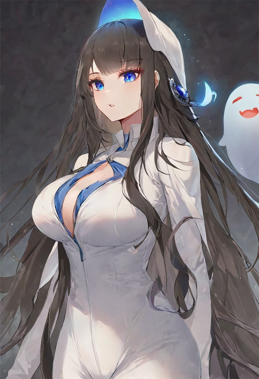 Black long hair,blue eyes,woman,Wearing a white jumpsuit that covers the head,Sometimes a little bit of blue embellishment,good body shape,It's a ghost