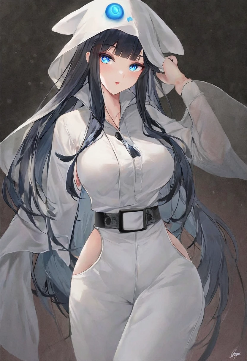 Black long hair,blue eyes,woman,Wearing a white jumpsuit that covers the head,Sometimes a little bit of blue embellishment,good body shape,It's a ghost