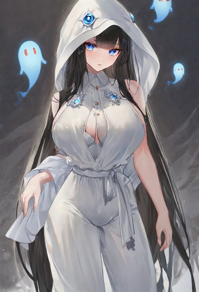Black long hair,blue eyes,woman,Wearing a white jumpsuit that covers the head,Sometimes a little bit of blue embellishment,good body shape,It's a ghost