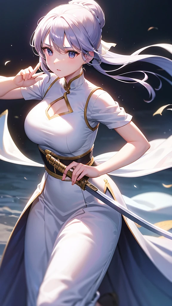 Wearing a white dress、Close-up of woman holding sword, Liu Yifei'a character portrait, Popular on CGSociety, Fantasy Art, Beautiful character painting, artwork in the style of Gu Weiss, Gu Weiss, White Hanfu, Flowing white robe, Full body martial arts, Epic and beautiful character art, Stunning character art, beautiful female assassin,Vision