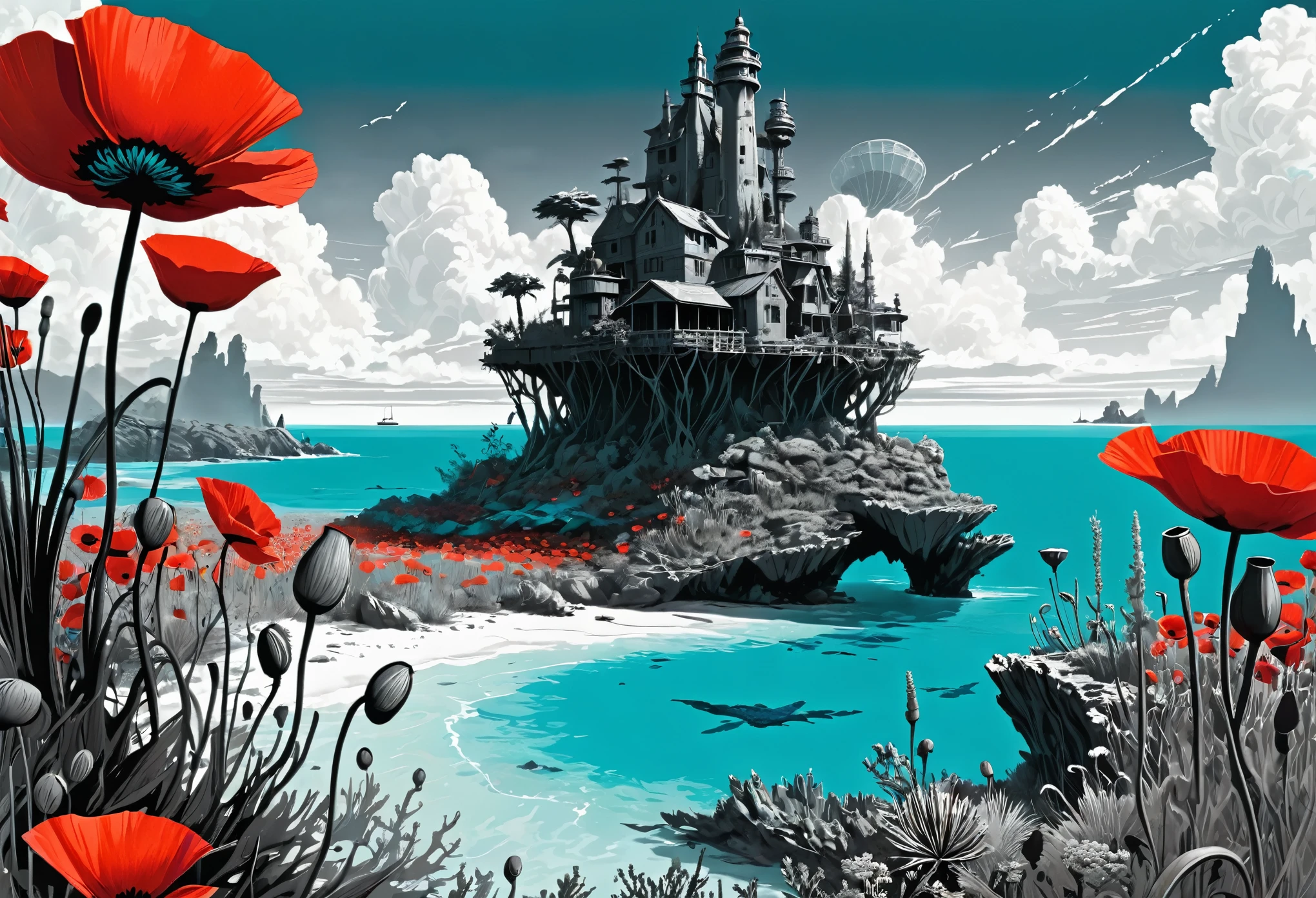 masterpiece by famous artist, extremely detailed special edition illustration, dark fantasy, eldritch, mysterious island, (a mysterious atoll surrounded by crystal turquoise waters:1.4), uninhabited for years after nuclear testing rendered it radioactive, it's primitive structures are just monochrome shells, (monochrome vegetation interspersed with singular red poppies:1.3)