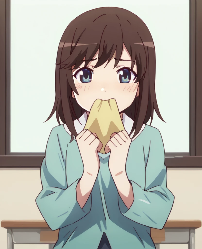 1 girl, brown hair, blue eyes, sad dusgust expression, teen, cute,hold nose and mouth with both hands , classroom background