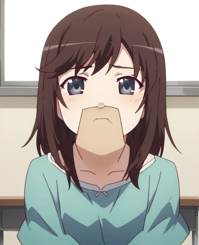 1 girl, brown hair, blue eyes, sad dusgust expression, , cute,hold nose and mouth with both hands , classroom background