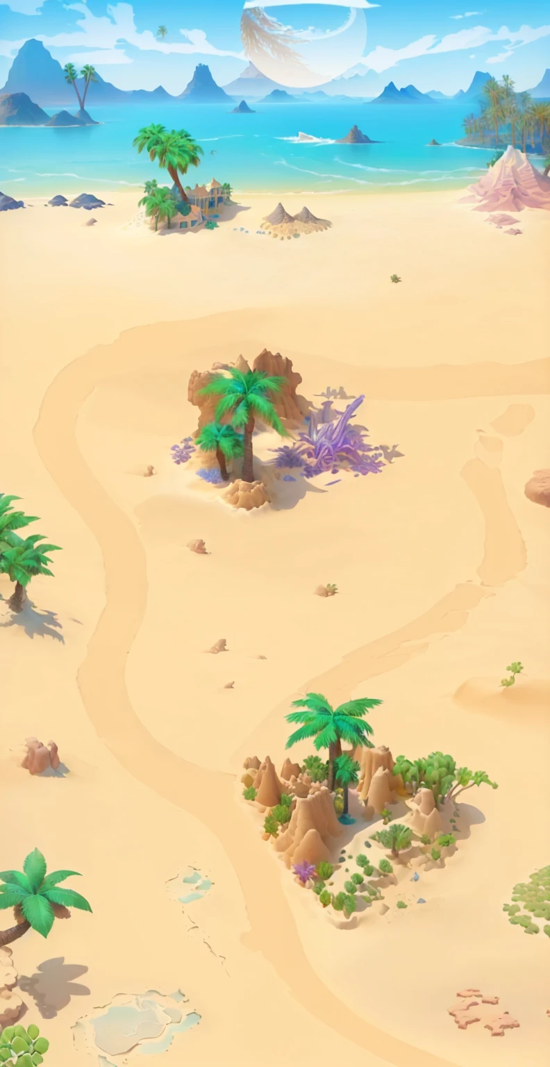 Close up of a cartoon map with a beach and palm trees, Fantasy Desert Crystal Island, Desert Oasis background, crystal desert, Epic Bay,waves crashing,plant, sand desert fantasy, Desert Environment, sand and Desert Environment, standing next to Desert Oasis, Island Background, Desert Oasis, Deserts are everywhere, Oasis in the desert, cool desert, sand desert