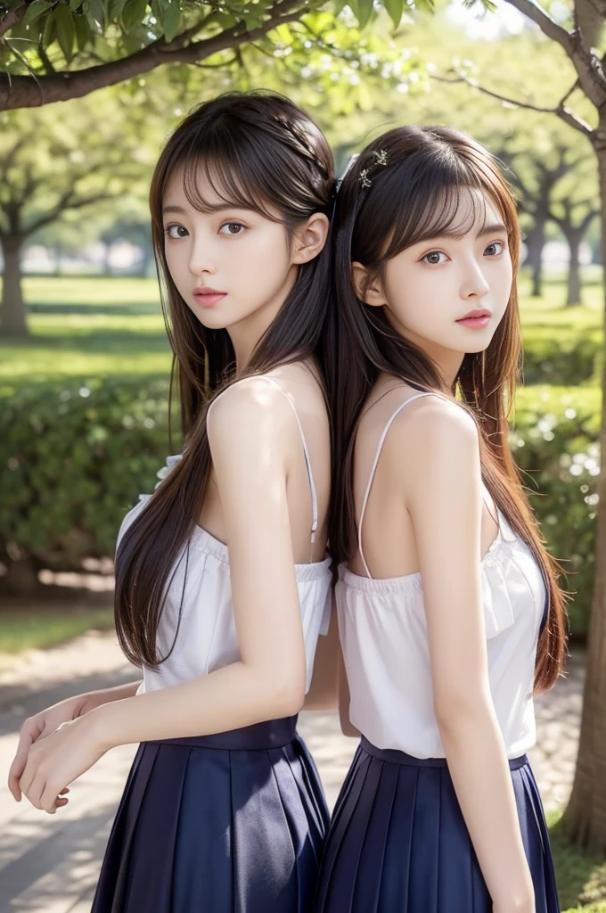 Original Photography,Top quality,Realistic shadows，（Ultra-detailed face）、best quality, masterpiece, Ultra-fine high resolution, Japanese star，Korean celebrity，Uniforms，(Practical: 1.4),outdoor, (2 girls: 1.5), (Upper Body:1.2) ,(2 girls、Back to Back、Stand under a big tree: 1.4)