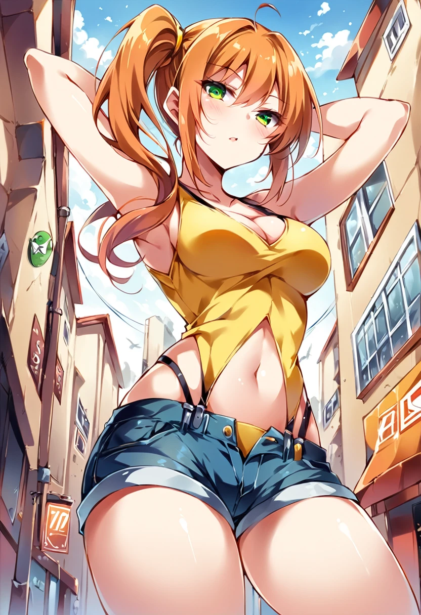 score_9,score_8_up, score_7_up,source_anime.superior,from front,below view,contrapost ,arms up,arms behind head,mediumshot, , (mature) ,(One girl:1.2), Outdoor, Green Eyes, Orange Hair, Side Ponytail, Yellow tanktop, cleavage,Sleeveless,navel,slender waist,Denim shorts, suspenders, Captivating look, Seductive expressions, delicate curves, ,,,mid,masterpiece,bestquality, very aesthetic, best quality, intricate, absurdres