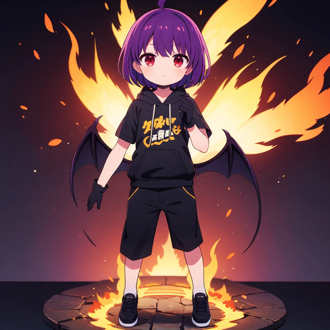 ((masterpiece, Highest quality, Very detailed)), Ahoge, Purple Hair, short hair, Red eyes, Black glove on one hand, Bat Wings, Indigo plain short sleeve hoodie, Black trousers, Manipulating the flames, boy, Mini character, An illustration, solo