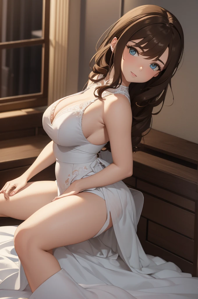 A woman with big breasts, wearing a wedding dress, brown hair, a woman sitting seductively