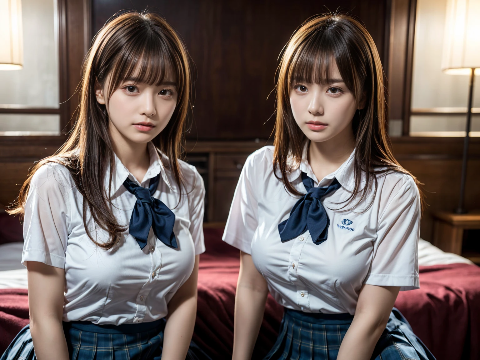 (RAW photo, 4k, masterpiece, high resolution, extremely complex) (realistic: 1.4), cinematic lighting
((2 girls, 2 schoolgirls)),Slam Dunk's,blushing,((innocent)),bright eyes,round eyes,blunt bangs,(straight hair:1.3),black hair,large breasts,wide hips,Summer Noon, ,Hot, (Best Quality), (Highres), (an Extremely Delicate and Beautiful),(Beautiful 8k face),(Brown eyes),short bob hair,( spectators),(gigantic breasts),(Play with each other,Touching each other's bodies,Touching the body),(Japanese high school uniform:1.3),blue skirt,(reality),bright lighting,(The background is a luxury hotel room)