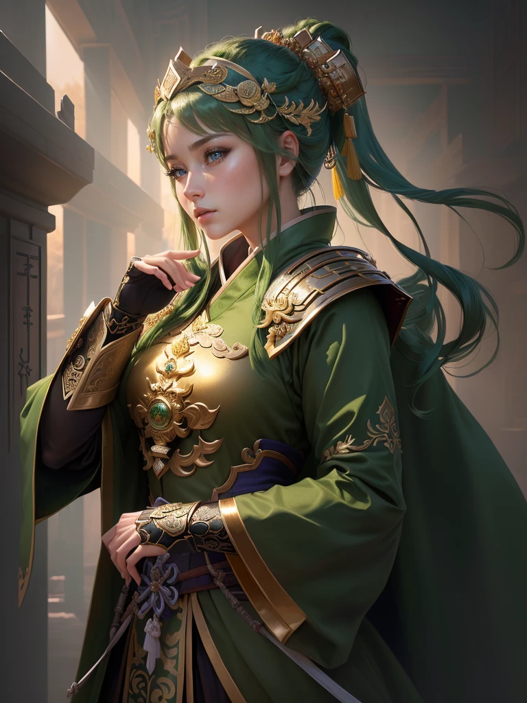 a close up of a woman in a green robe and a gold armor, inspired by Dong Yuan, zhao yun, inspired by Cao Zhibai, inspired by Guan Daosheng, inspired by Hu Zaobin, inspired by Huang Shen, inspired by Zhang Sengyao, inspired by Huang Ding, inspired by Wu Bin, inspired by Li Kan, guan yu, Highly detailed CG unit 8k wallpaper, masterpiece, High resolution, highest quality, highest quality real texture skin, Super Real, Digital Painting, Best image quality, 最High resolution, 8k, (((Highly detailed eyes and face, Beautiful eyes every detail))), profile, 