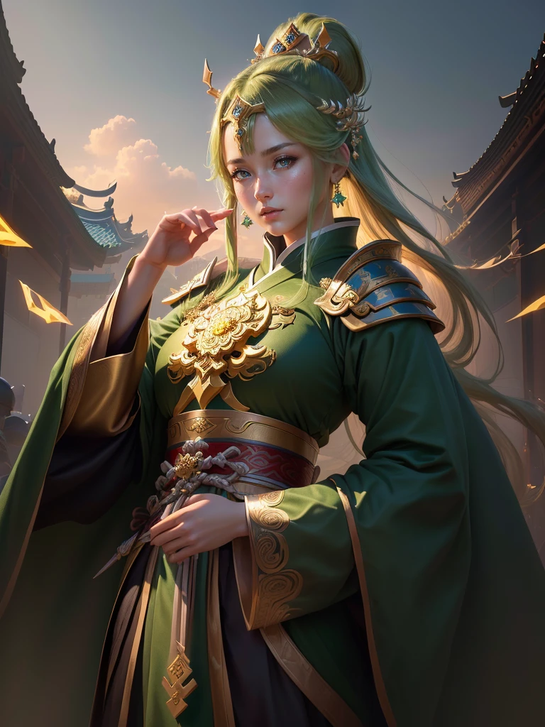 a close up of a woman in a green robe and a gold armor, inspired by Dong Yuan, zhao yun, inspired by Cao Zhibai, inspired by Guan Daosheng, inspired by Hu Zaobin, inspired by Huang Shen, inspired by Zhang Sengyao, inspired by Huang Ding, inspired by Wu Bin, inspired by Li Kan, guan yu, Highly detailed CG unit 8k wallpaper, masterpiece, High resolution, highest quality, highest quality real texture skin, Super Real, Digital Painting, Best image quality, 最High resolution, 8k, (((Highly detailed eyes and face, Beautiful eyes every detail))), profile, 