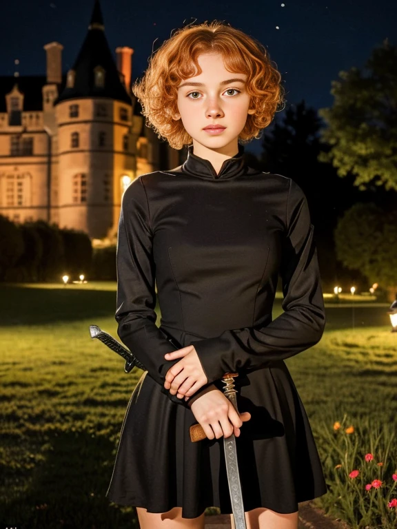 girl, Lovely, orange hair, very short, Very curly, slim, flat bust, with freckles on the face, with slavic features, with long sleeve black dress, whole body, shows her legs, in the castle garden, at night, holding a sword in his hand.