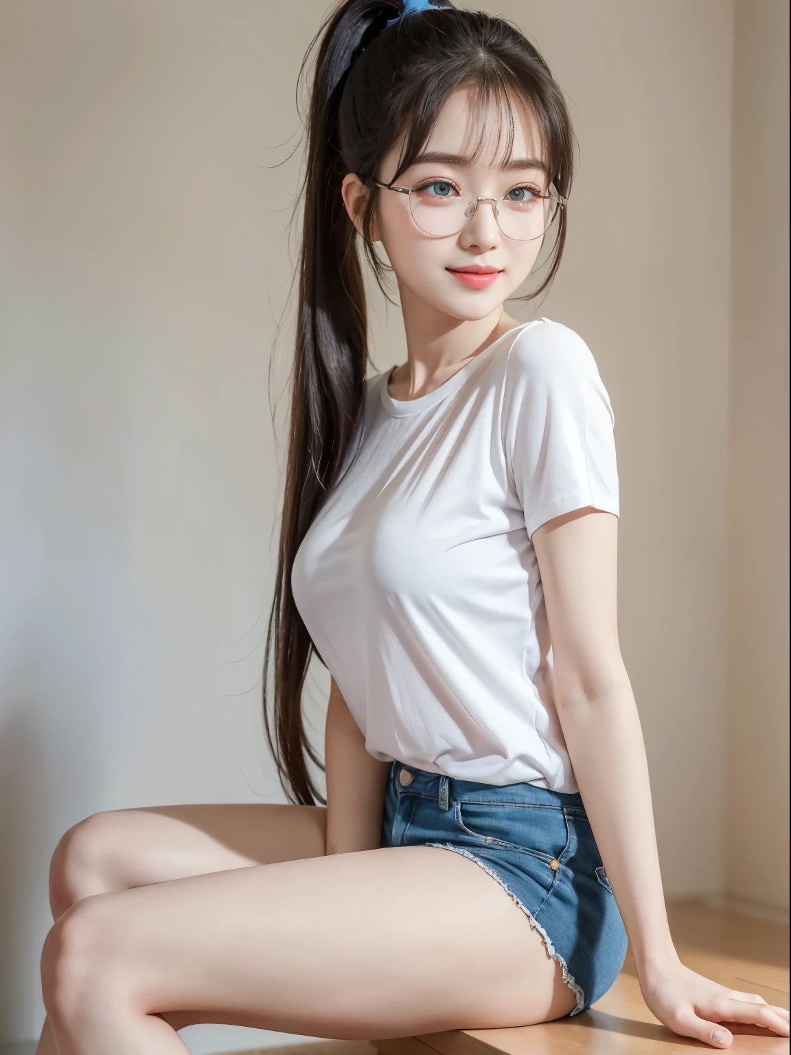(Best quality, masterpiece, detailed), (RAW, 4k, hd images), shy, 1 girl, 17 years old, white skin, long hair, ponytail, layers hair, bangs, black hair, beautiful girl, cute girl, sweet girl, pretty girl, perfect girl, pretty eyes, blue eyes, thin lips, thin, eye line, perfect round breast, glasses(detailed frame), simple background, smile, thigh, legs, tshirt clothes, short pants, random angle capture, half body, side breast