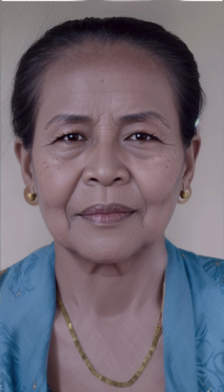 60 year old woman wearing traditional Balinese kebaya, black earrings, gold necklace