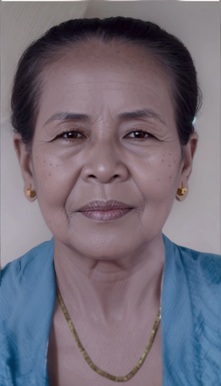 60 year old woman wearing traditional Balinese kebaya, black earrings, gold necklace