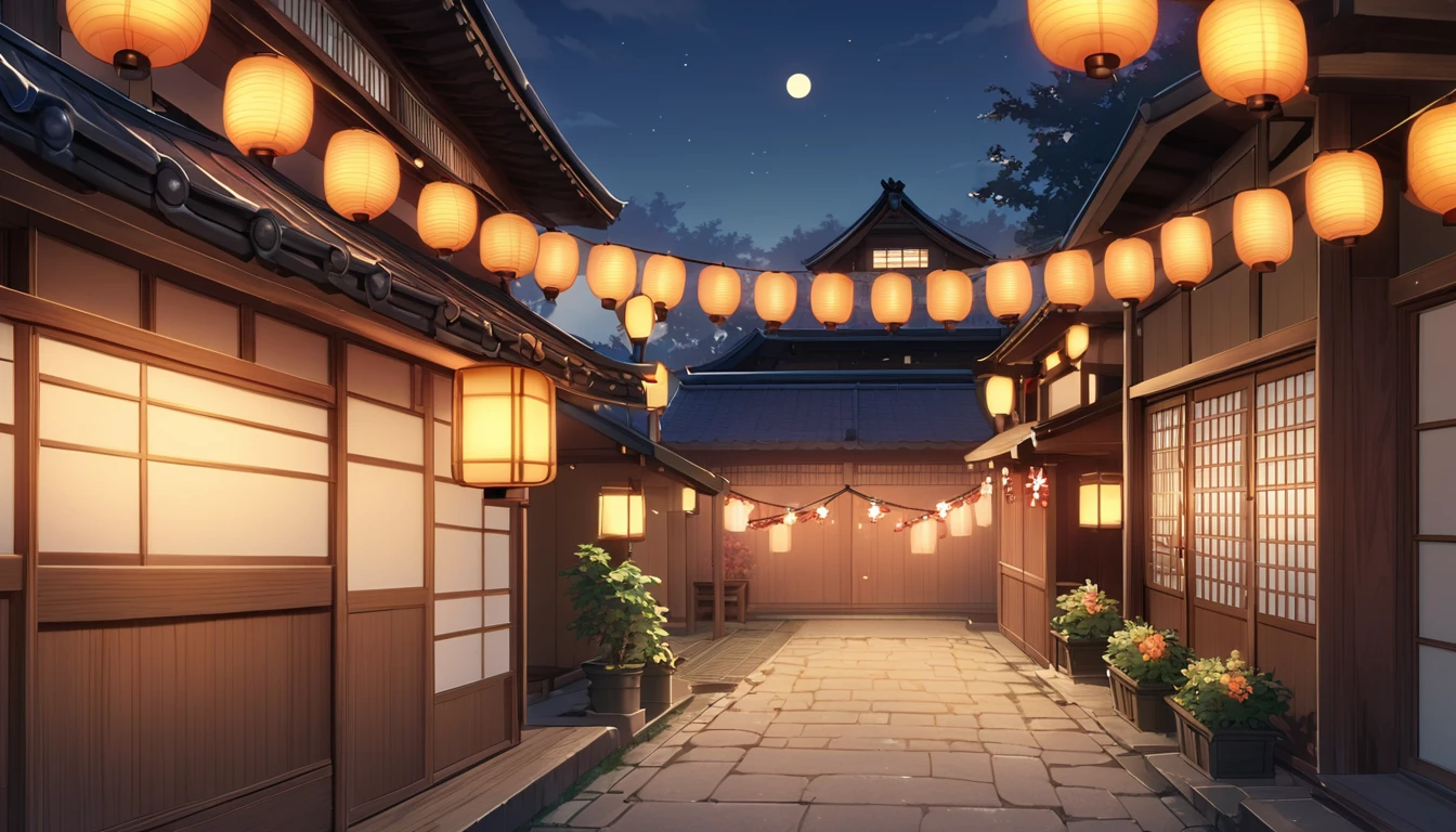 Depicting the end of the Japanese summer festival、A quiet and slightly lonely scene。Capturing a quiet moment after the festival。A few remaining lanterns cast a warm light in the night sky.。In the background you can see tiled roofs and traditional Japanese wooden buildings.、Adds a nostalgic feel。The overall atmosphere is quiet and a little lonely.、Evokes the bittersweet feeling of a late summer night