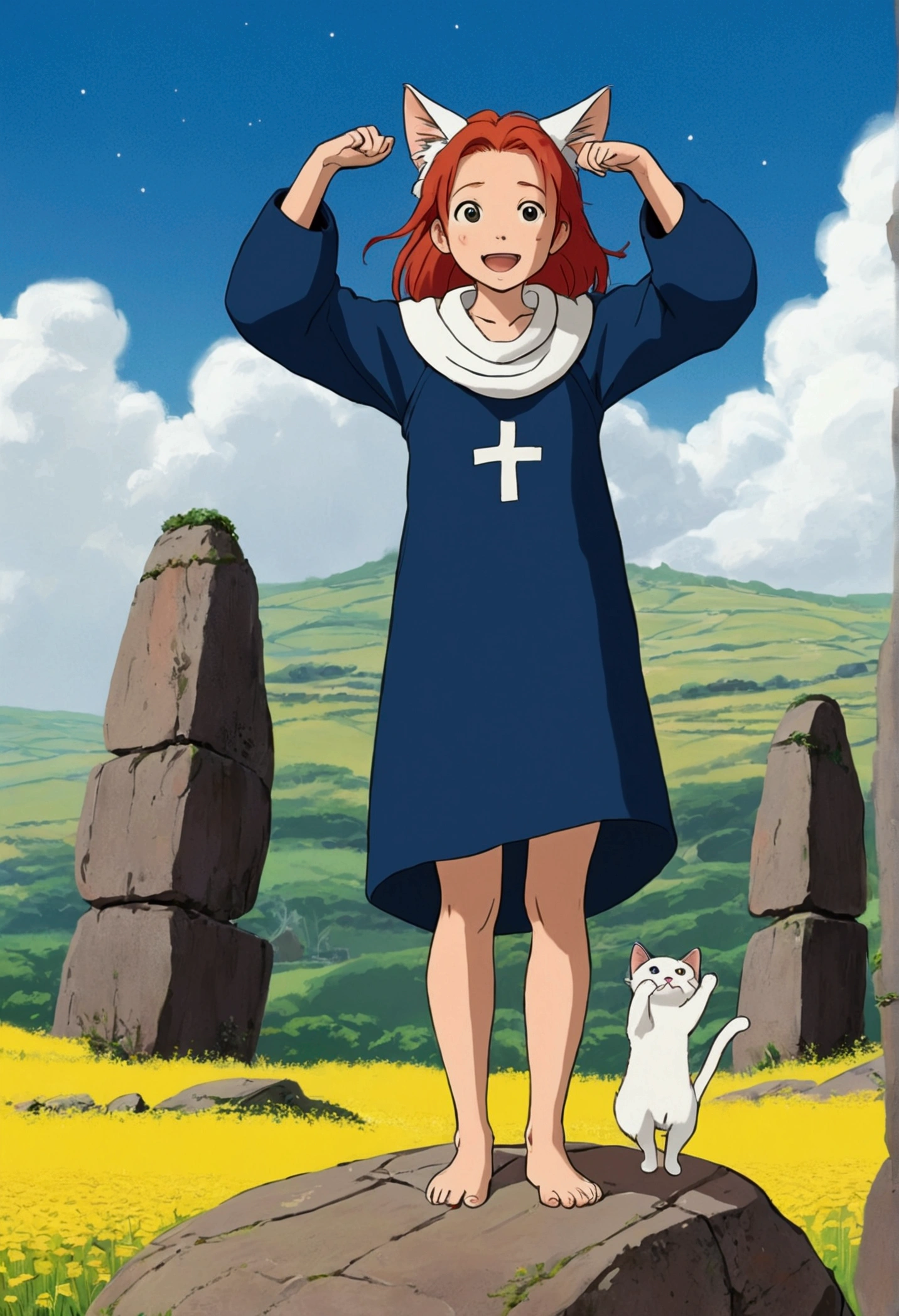 A young woman around 18 years old with shoulder-length red hair wearing a long-sleeved blue outfit with a white symbol on the chest. She stands with her arms outstretched, and on her shoulder is a small, cute, cat-like creature with long ears and yellow and dark brown stripes. The background features a vast, serene landscape with tall stone mound structures and a clear sky. The scene is drawn in the style of a Ghibli animation.